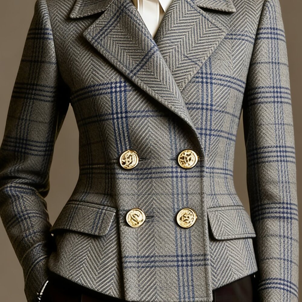 Plus Gray Plaid Double-Breasted Blazer | Gold Buttons, Lapel - Picture 3 of 6